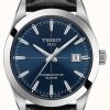 Men'S Tissot | Tissot Gentleman | Black Leather Strap | Blue Dial | Powermatic 80 Silicium