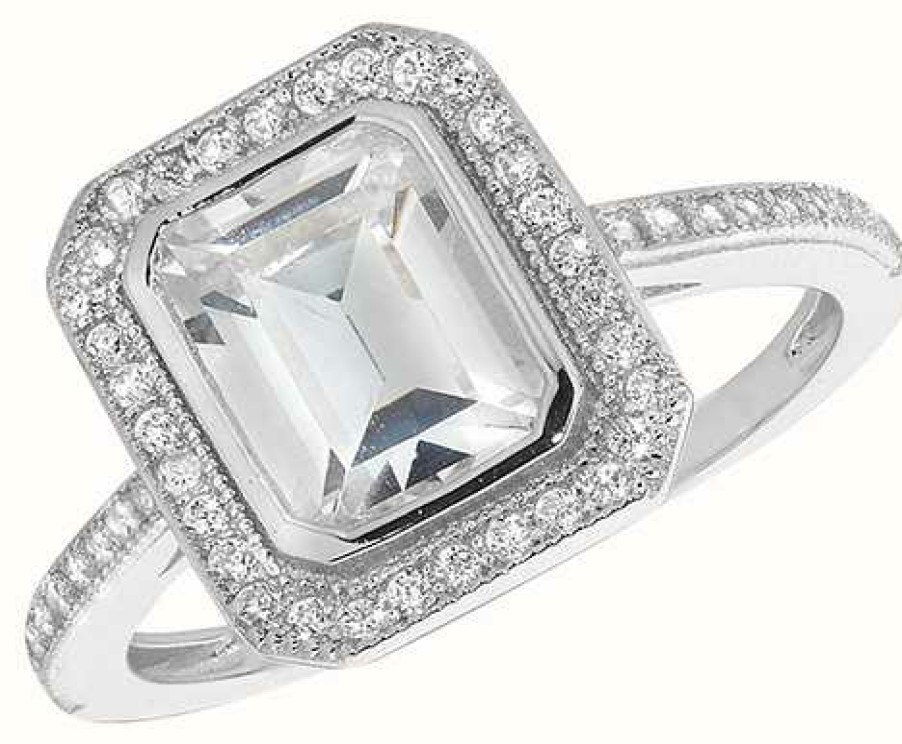 Jewelry James Moore | James Moore Th Silver Cubic Zirconia Halo Shoulders Emerald Cut Ring Size M