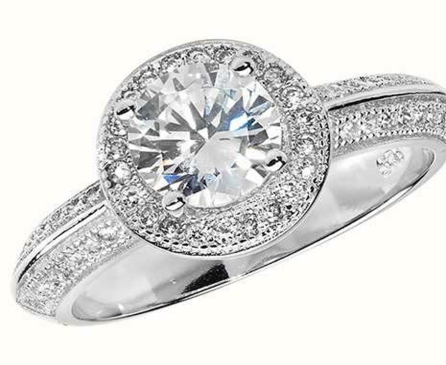 Jewelry James Moore | James Moore Th Silver Cubic Zirconia Round Ring Halo Round Shoulders Size O