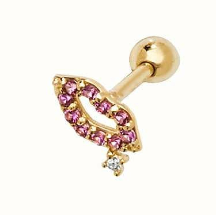 Jewelry James Moore | James Moore Th 9Ct Yellow Gold Pink Lips Cartilage Stud Earring