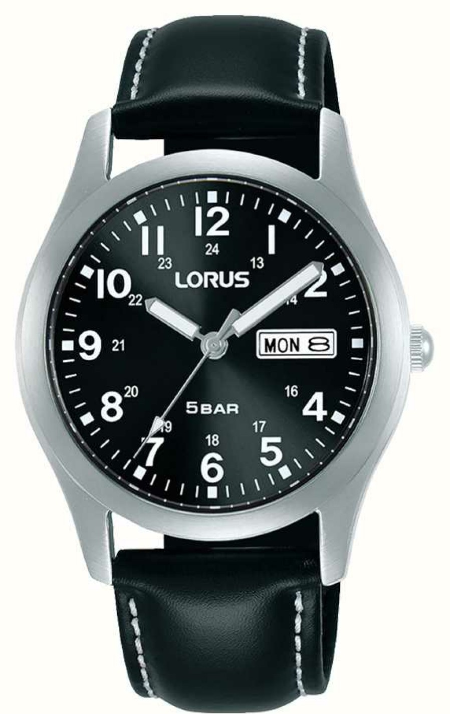 Men'S Lorus | Lorus Classic Day/Date (38Mm) Black Sunray Dial / Black Leather