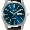 Men'S Lorus | Lorus Classic Day/Date (38Mm) Dark Blue Sunray Dial / Brown Leather