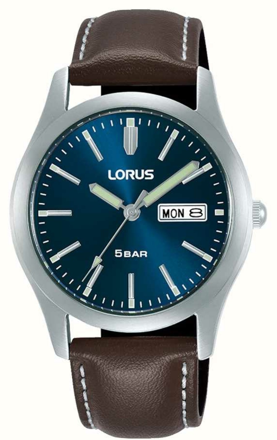 Men'S Lorus | Lorus Classic Day/Date (38Mm) Dark Blue Sunray Dial / Brown Leather