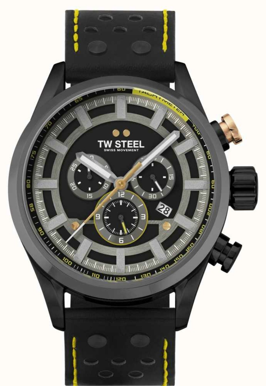 Men'S TW Steel | Tw Steel Swiss Volante Fast Lane Limited Edition (48Mm) Black Dial / Black Leather Racing Strap