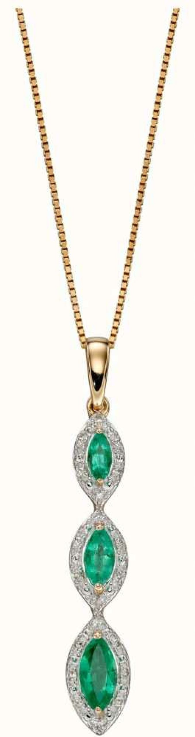 Jewelry Elements Gold | Elements Gold 9Ct Yellow Gold Diamond Emerald Oval 3 Drop Pendant