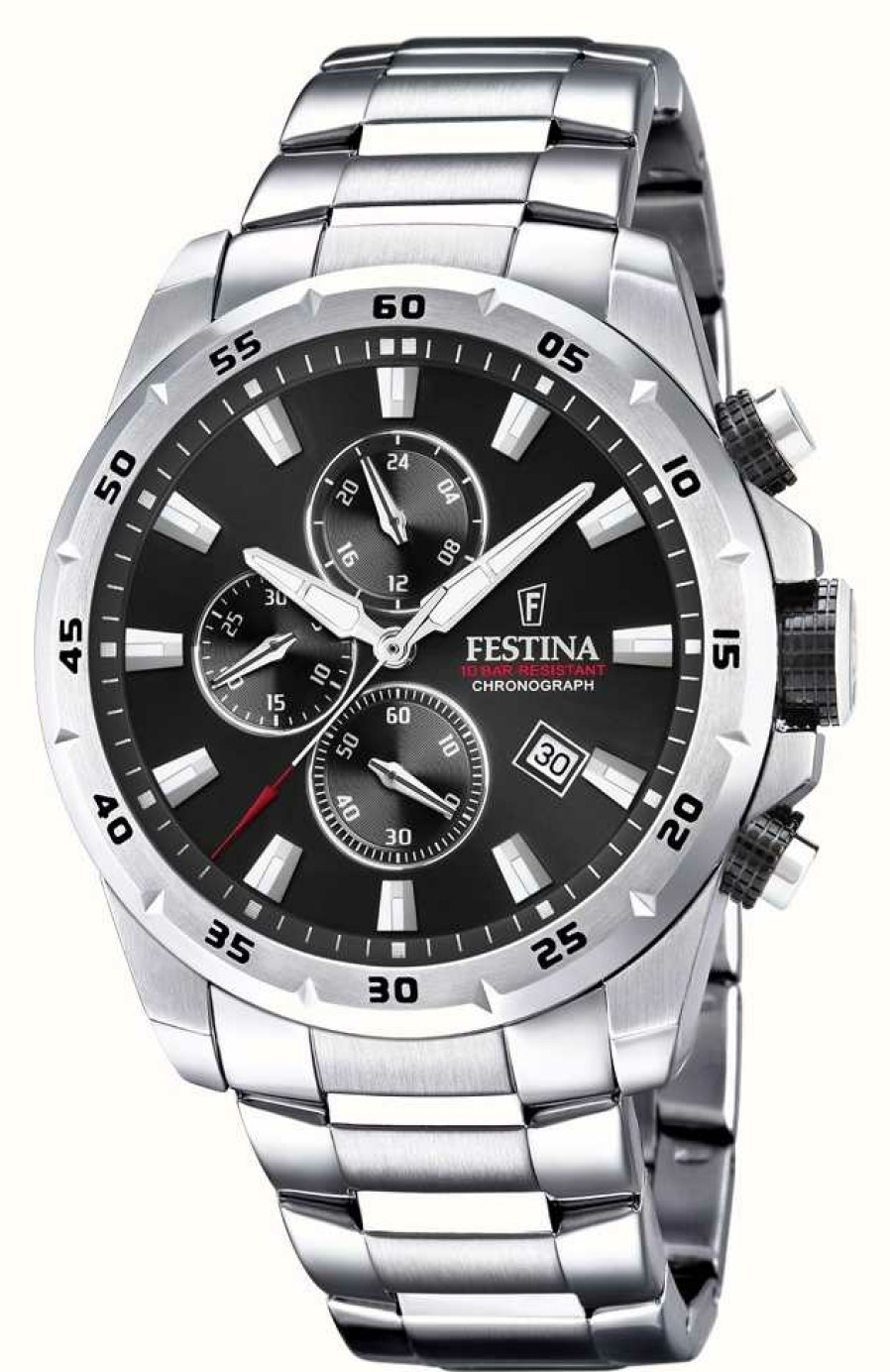 Men'S Festina | Festina Chronograph Black Dial Stainless Steel Bracelet