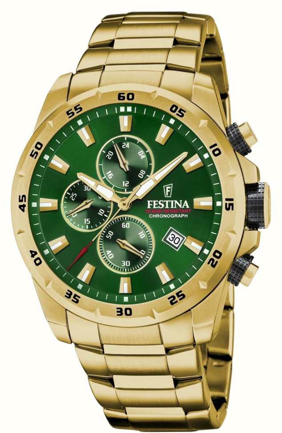 Men'S Festina | Festina Men'S Chronograph | Green Dial | Gold Pvd Plated Bracelet