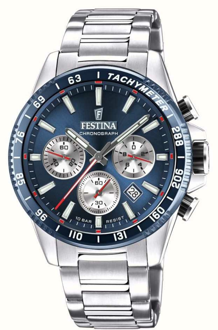 Men'S Festina | Festina Chronograph Blue Dial Stainless Steel Watch