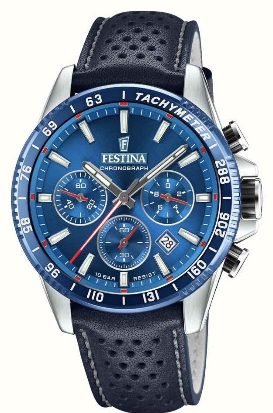 Men'S Festina | Festina Chronograph Blue Perforated Leather Strap