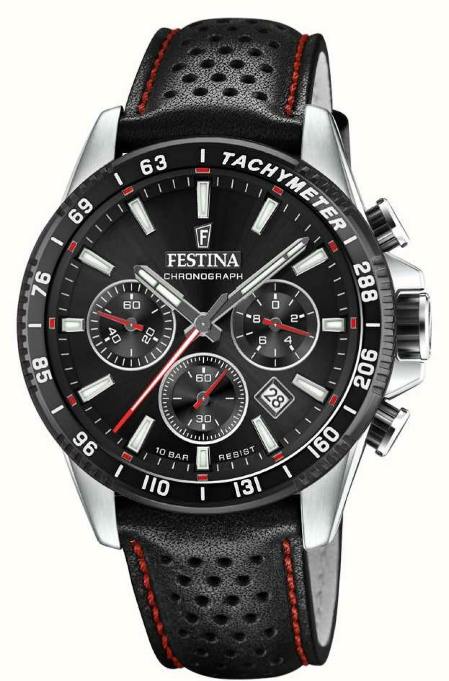 Men'S Festina | Festina Men'S Chronograph | Black Dial | Black Leather Strap