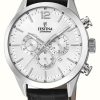 Men'S Festina | Festina Men'S Chronograph | Silver Dial | Black Leather Strap