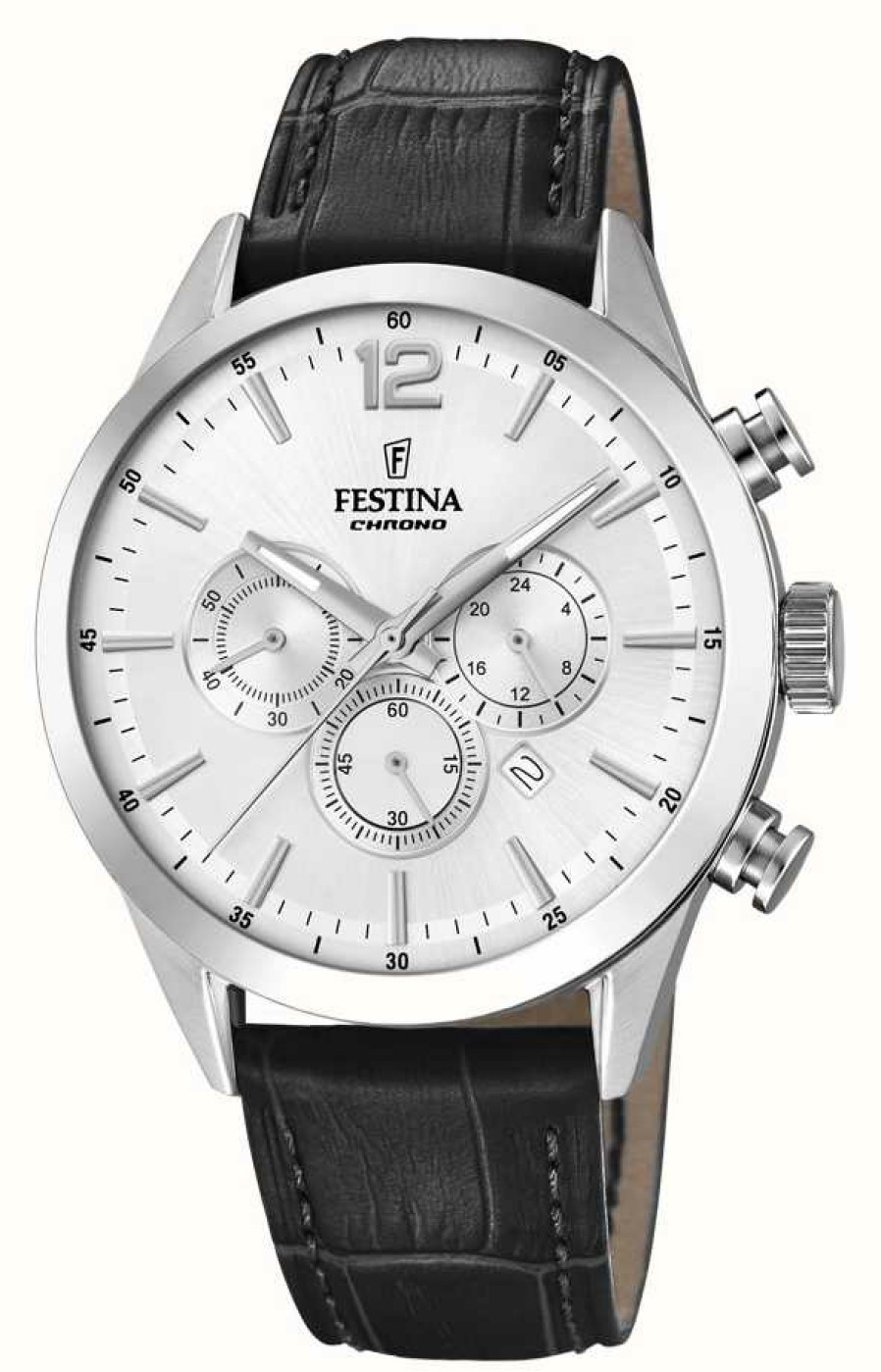 Men'S Festina | Festina Men'S Chronograph | Silver Dial | Black Leather Strap