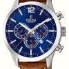 Men'S Festina | Festina Chronograph Blue Dial Brown Leather Strap