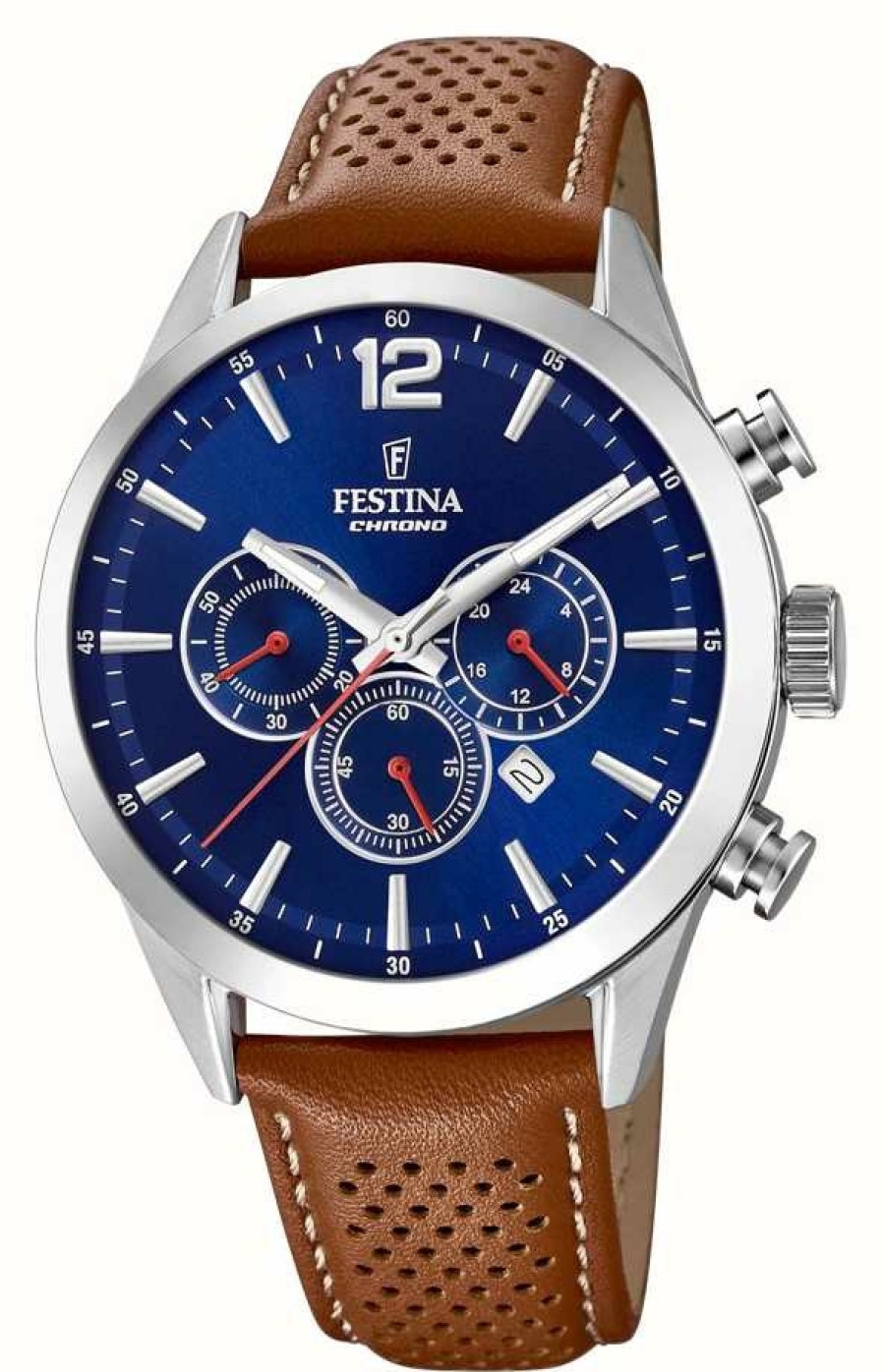 Men'S Festina | Festina Chronograph Blue Dial Brown Leather Strap