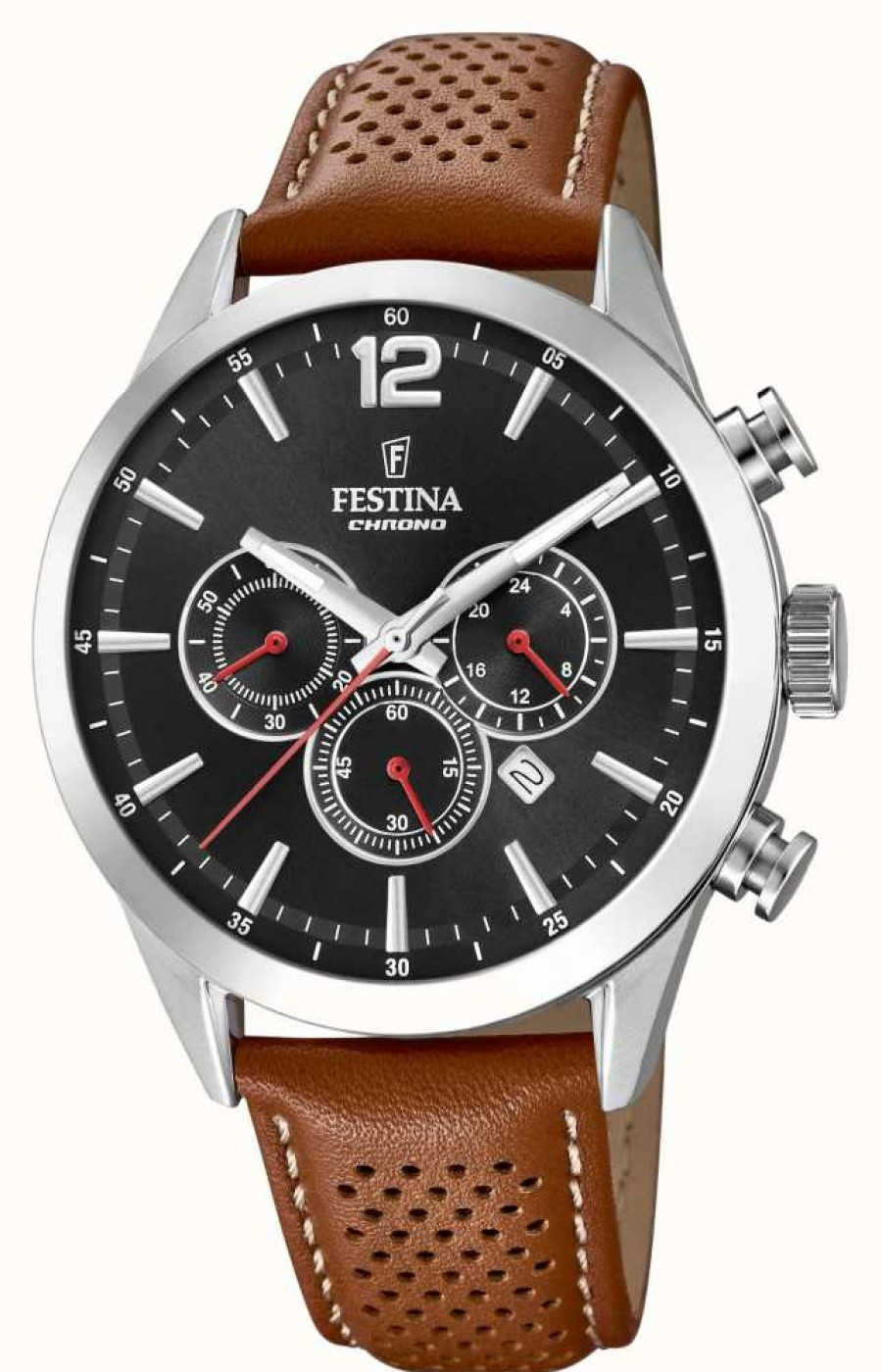 Men'S Festina | Festina Men'S Chronograph | Black Dial | Brown Leather Strap