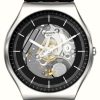 Men'S Swatch | Swatch Skin Irony 42 Black Skeleton Black Leather Strap