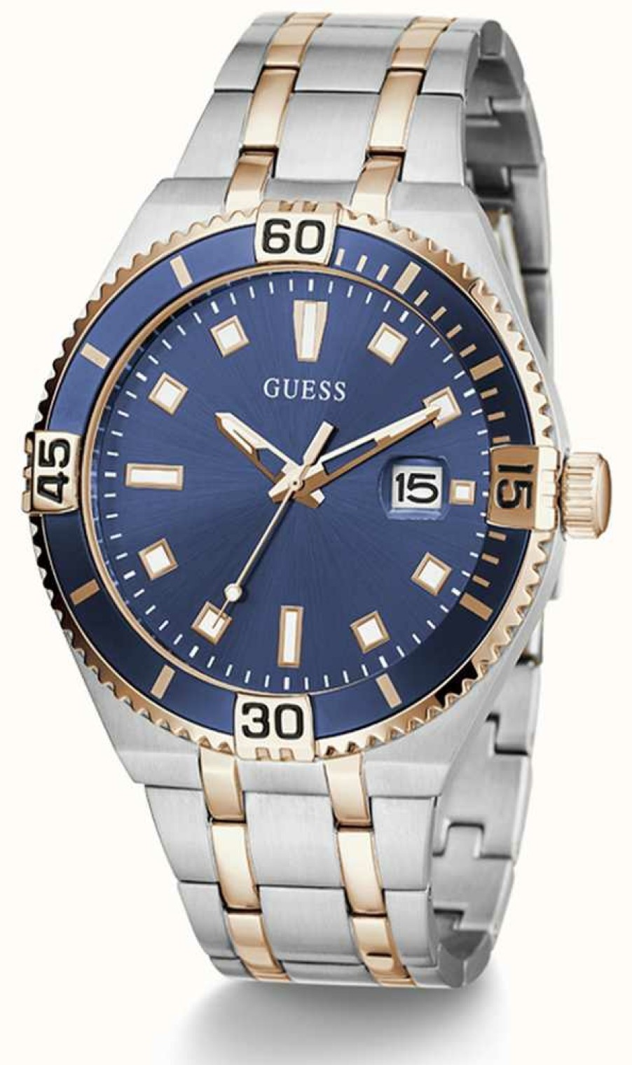 Men'S Guess | Guess Premier Men'S Blue Dial Two Tone Bracelet Watch