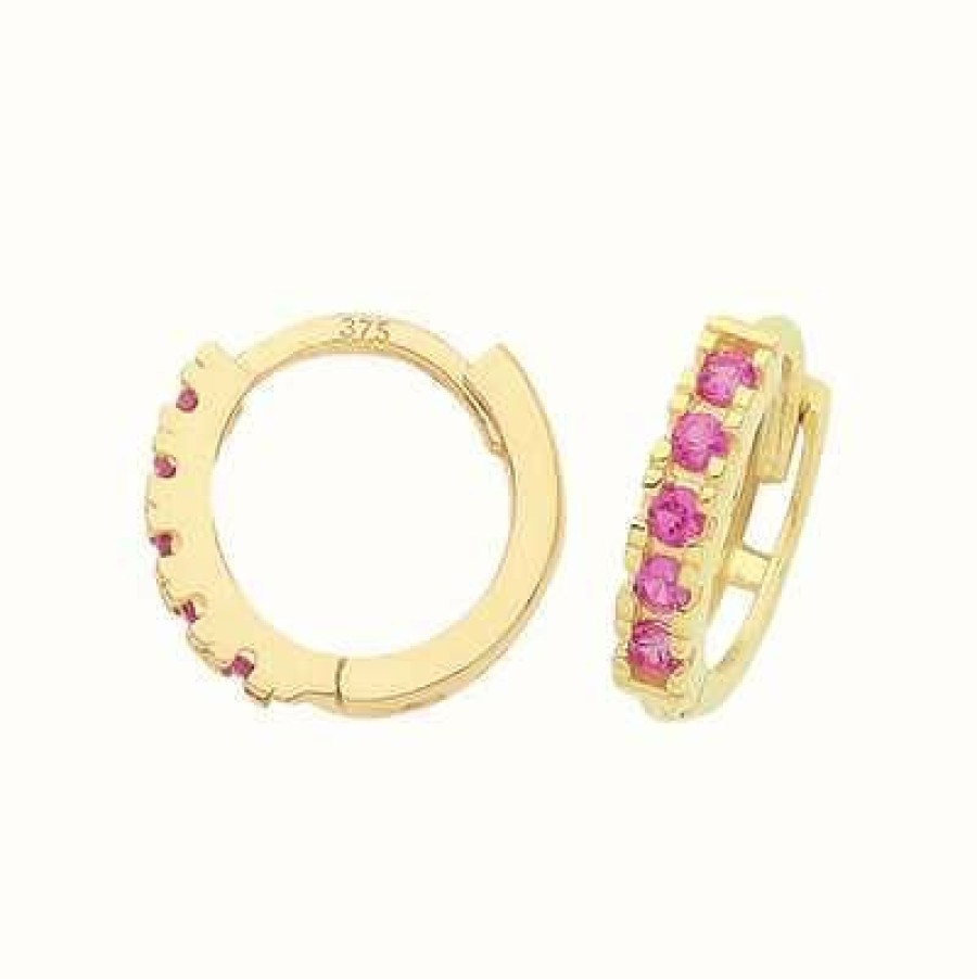 Jewelry James Moore | James Moore Th 9Ct Yellow Gold Pink Cubic Zirconia Hoop Earrings