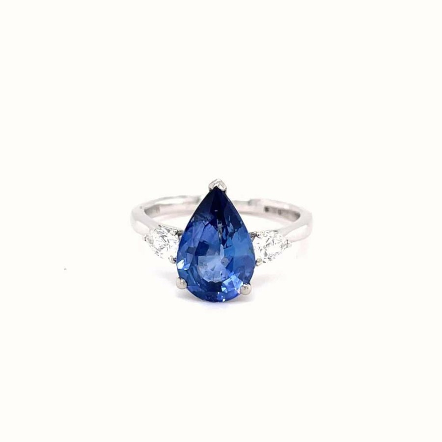 Jewelry LM | Lm Plat Pear Saph Dia 3 Stone Ring 0.37Dia 2.59S 2.96Ct Tl