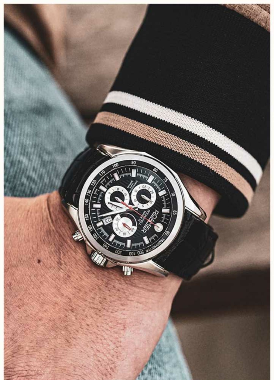 Men'S Roamer | Roamer Rockshell Mark Iii Chrono Black Dial Black Leather Strap