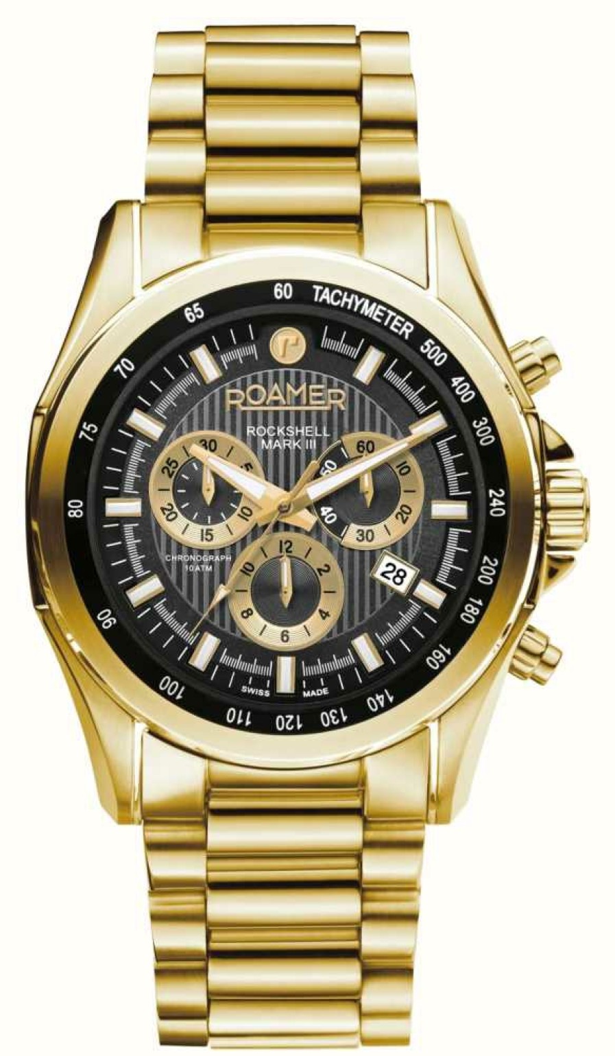 Men'S Roamer | Roamer Rockshell Mark Iii Chrono Black Dial Gold Ip Bracelet