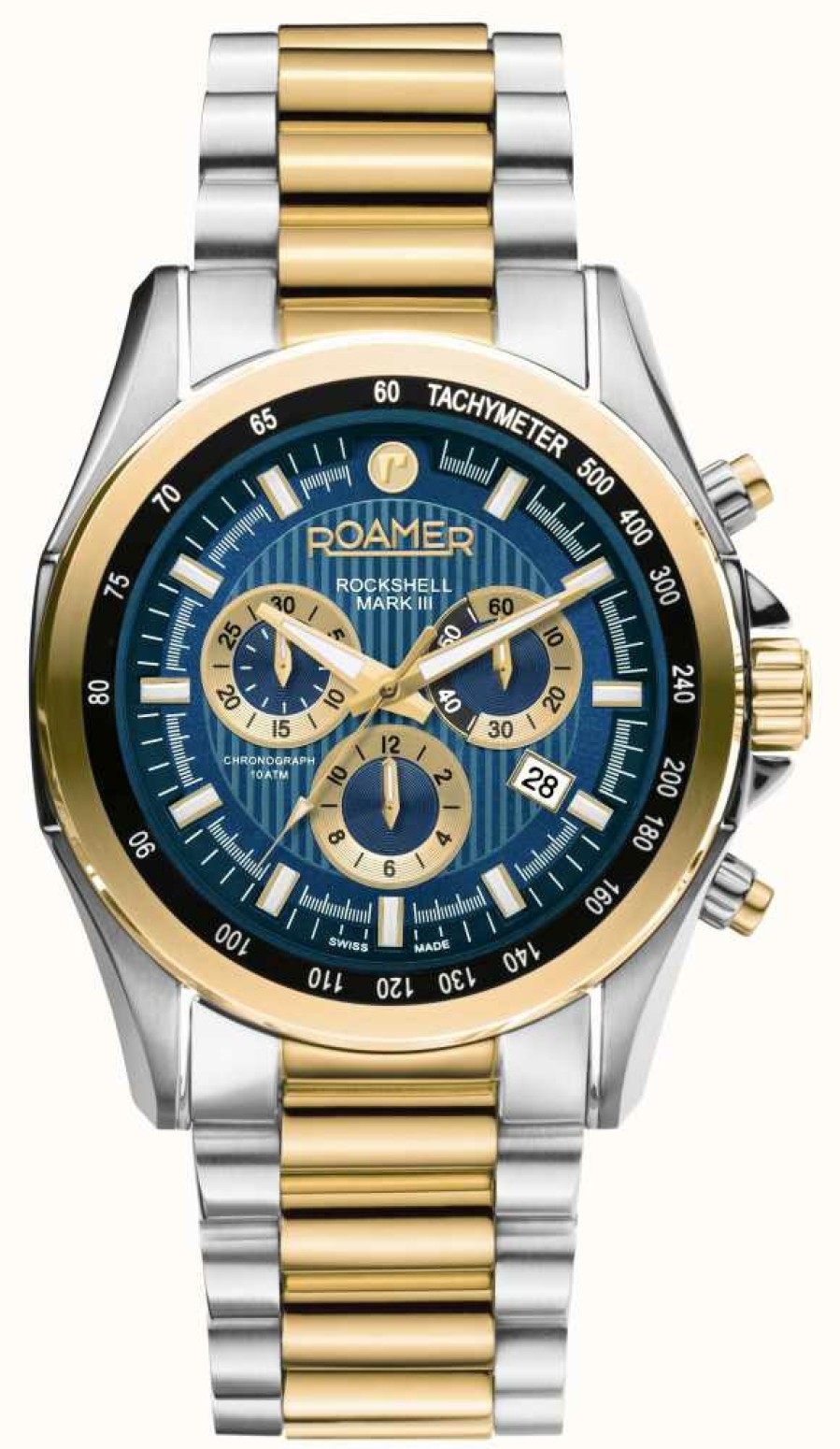 Men'S Roamer | Roamer Rockshell Mark Iii Chrono Blue Dial Gold Ip Bi-Colour Bracelet