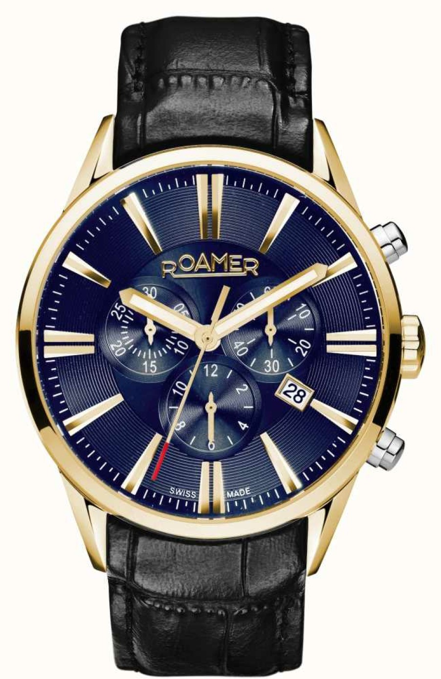 Men'S Roamer | Roamer Superior Chrono Blue Dial Bicolour Black Leather Strap