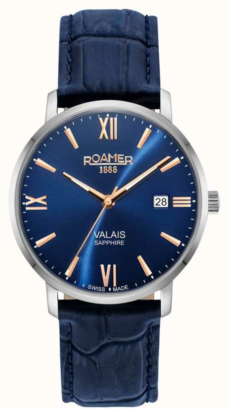 Men'S Roamer | Roamer Valais Gents Blue Dial With Rose Gold Batons Blue Leather Strap