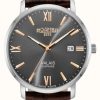 Men'S Roamer | Roamer Valais Gents Grey Dial With Rose Gold Batons Brown Leather Strap