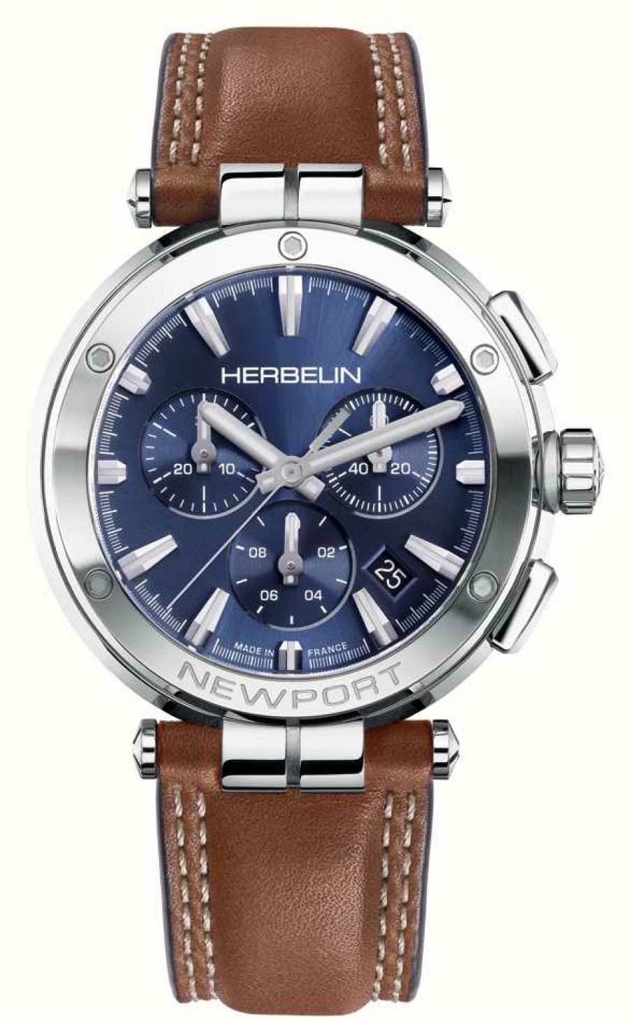 Men'S Herbelin | Herbelin Newport Chronograph (40.5Mm) Blue Dial / Brown Leather Strap