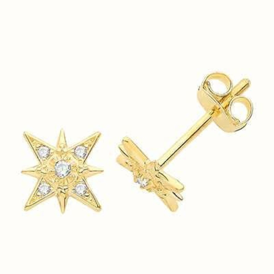 Jewelry James Moore | James Moore Th 9Ct Yellow Gold Cubic Zirconia Star Stud Earrings