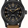 Men'S Hamilton | Hamilton Khaki Field Titanium Automatic (42Mm) Black Dial / Brown Leather Strap