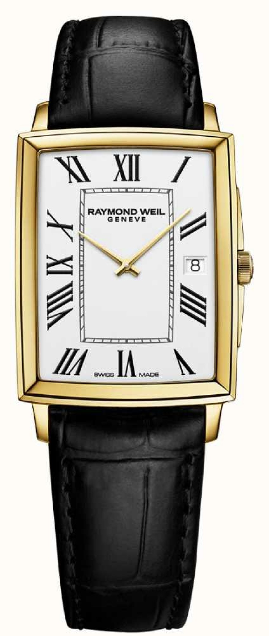 Men'S Raymond Weil | Raymond Weil Men'S Toccata Rectangular Yellow Gold Pvd Leather Strap Watch