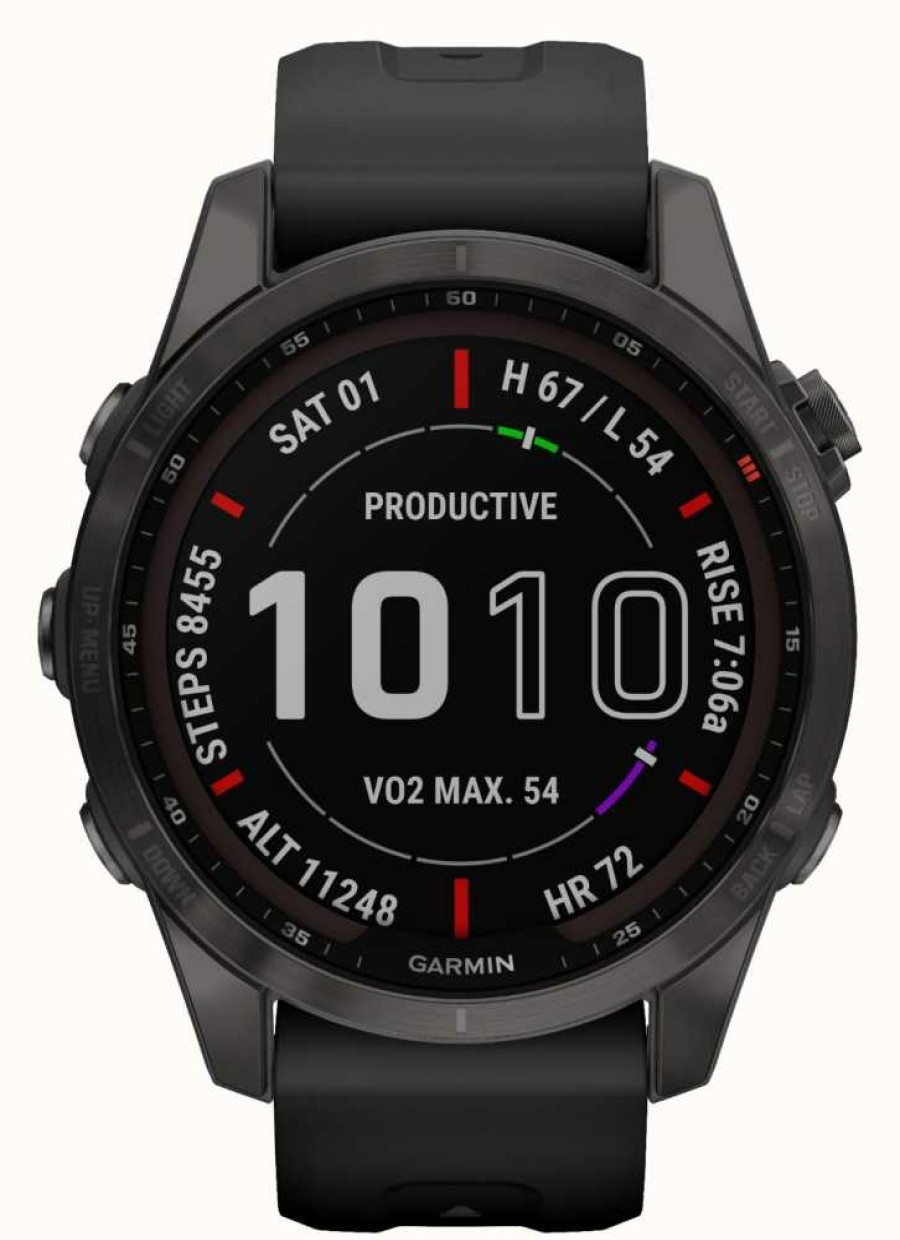 Men'S Garmin | Garmin Fenix 7S Sapphire Solar | Carbon Grey Dlc Titanium | Black Silicone Strap