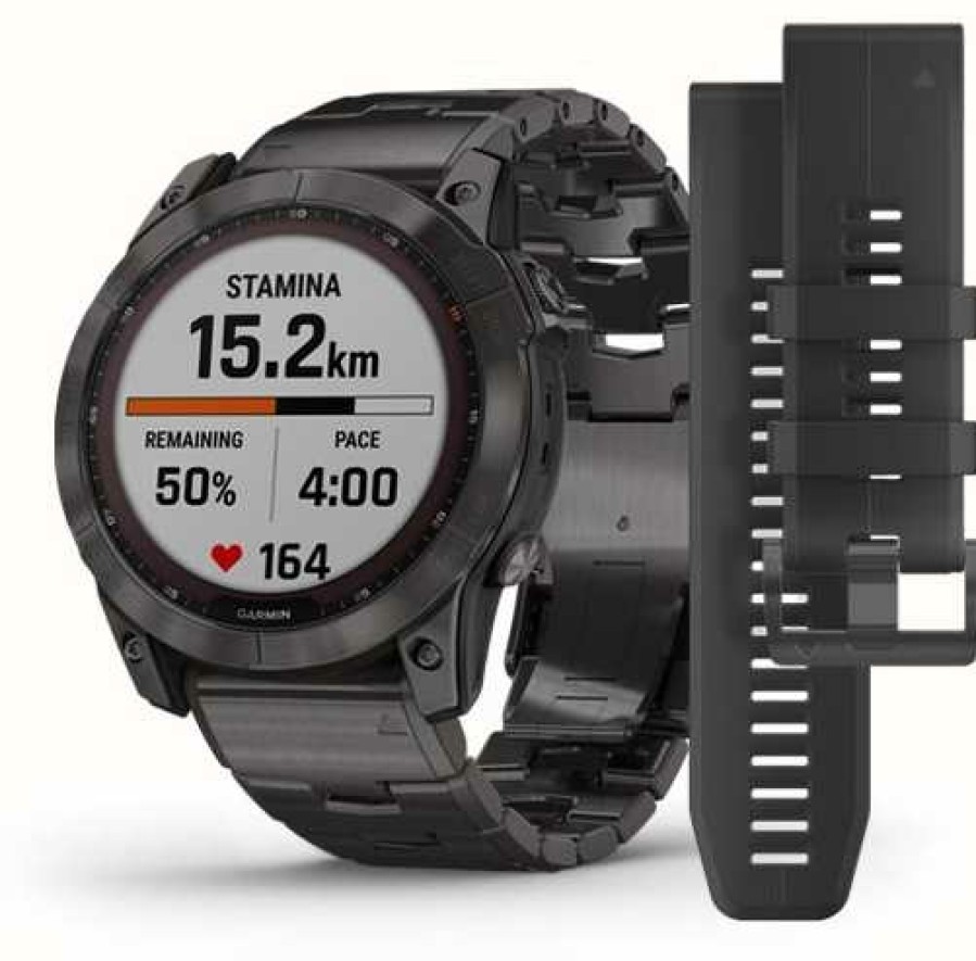 Men'S Garmin | Garmin Fenix 7X Sapphire Solar | Carbon Grey Titanium | Carbon Grey Dlc Vented Titanium Bracelet