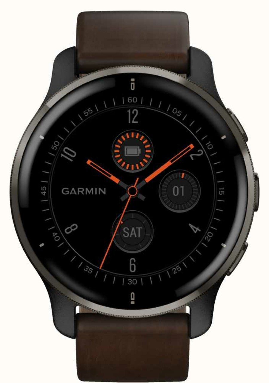 Men'S Garmin | Garmin Venu 2 Plus | 43Mm Slate Stainless Steel Bezel | Slate Case | Brown Leather Strap + Silicone Strap