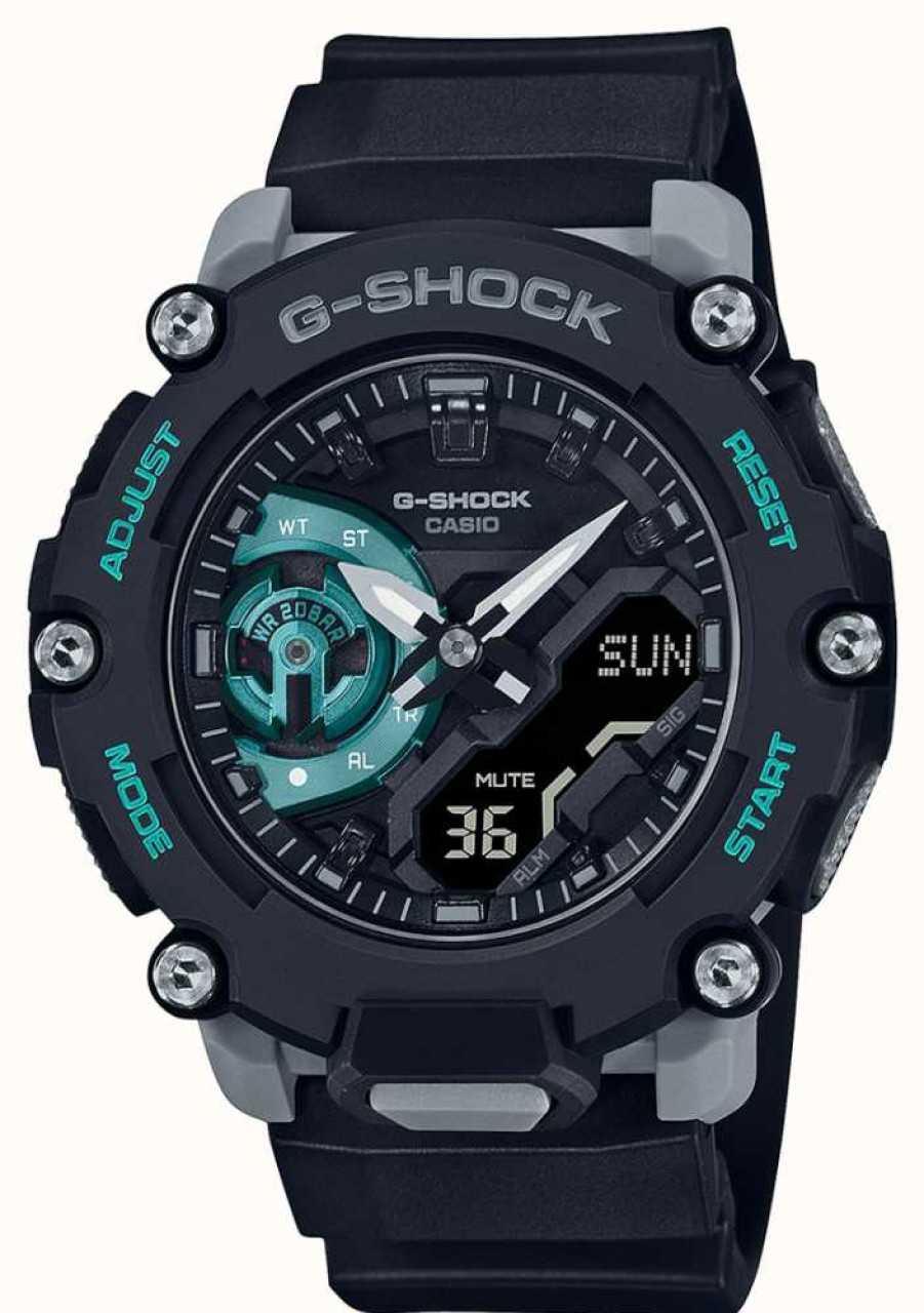 Men'S Casio | Casio G-Shock Carbon Core Guard Black And Turquoise Watch