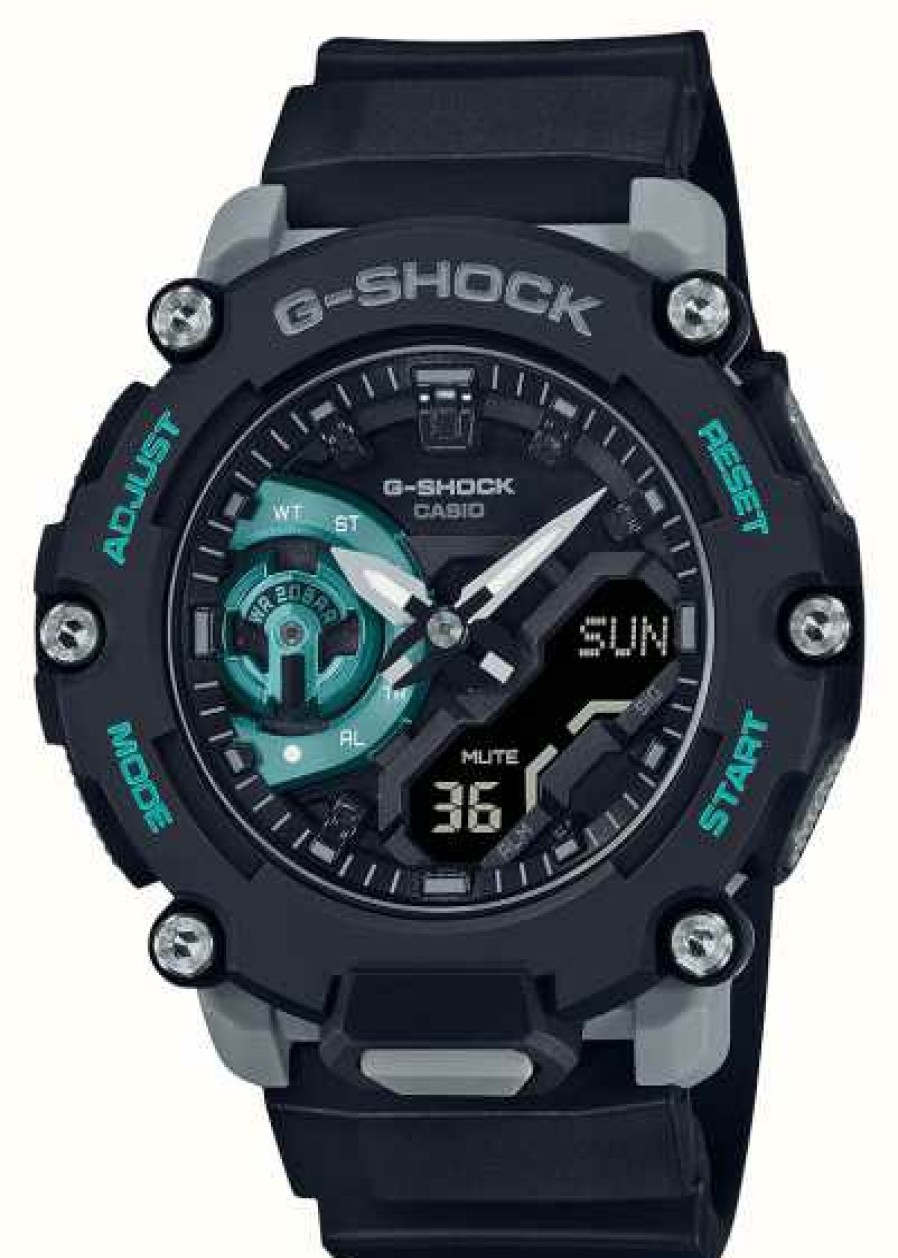 Men'S Casio | Casio G-Shock Carbon Core Guard Black And Turquoise Watch