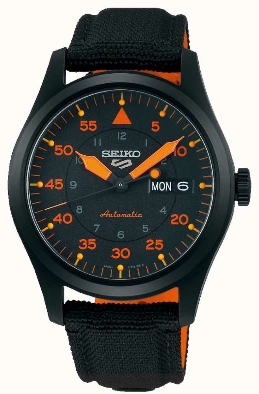 Men'S Seiko | Seiko 5 Sports Flieger Automatic Black And Orange Watch