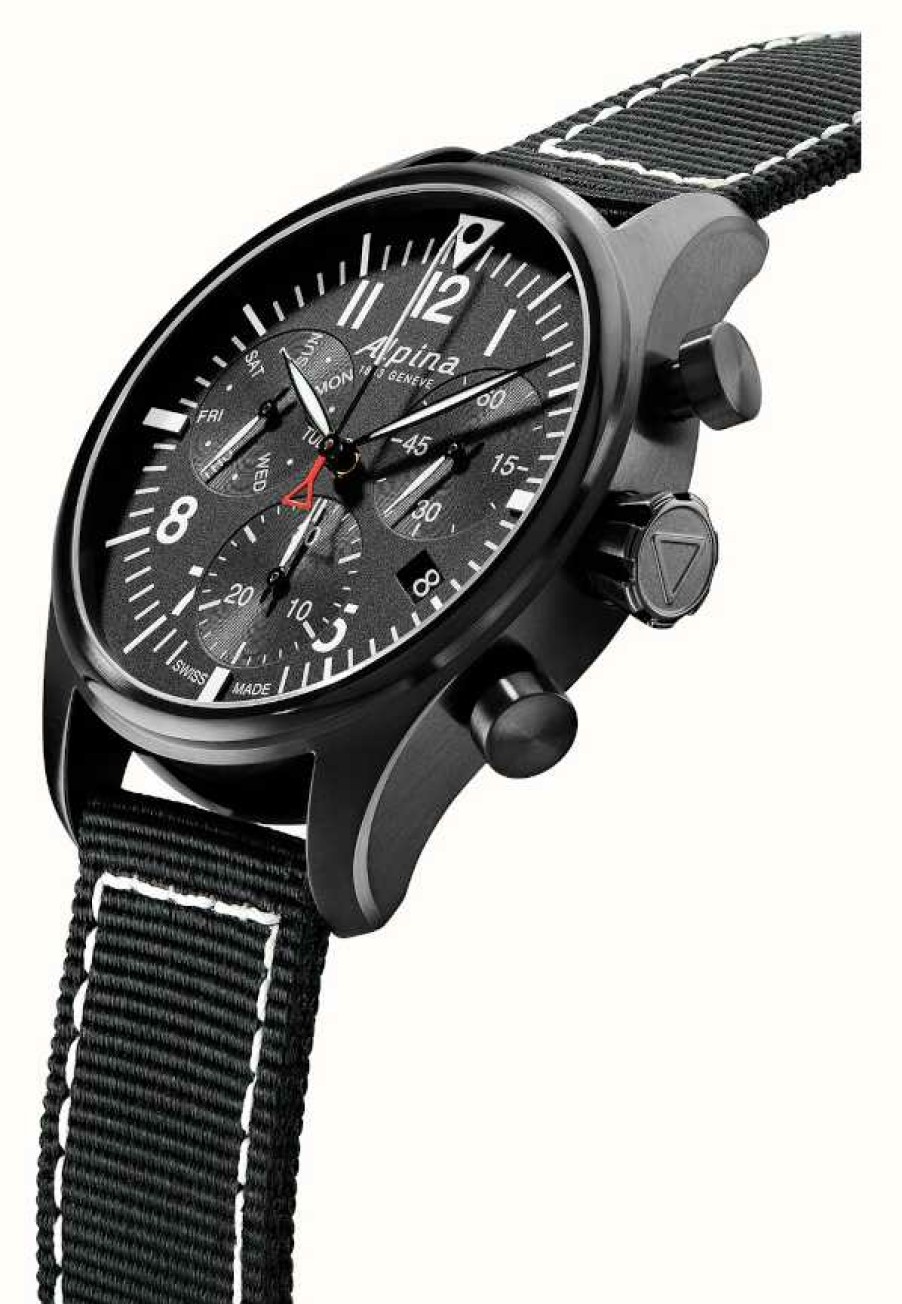 Men'S Alpina | Alpina Startimer Pilot Chronograph (42Mm) Black Dial / Black Fabric