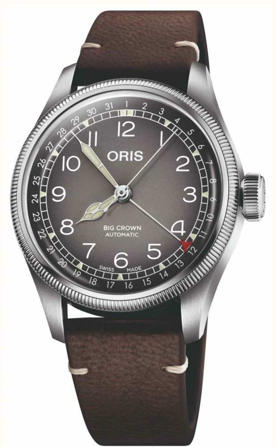 Men'S ORIS | Oris X Cervo Volante Big Crown Pointer Date Automatic (38Mm) Grey Dial / Dark Brown Leather Strap