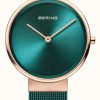 Women'S Bering | Bering Classic | Green Sunray Dial | Green Milanese Strap | Brushed Rose Gold Stainless Steel Case