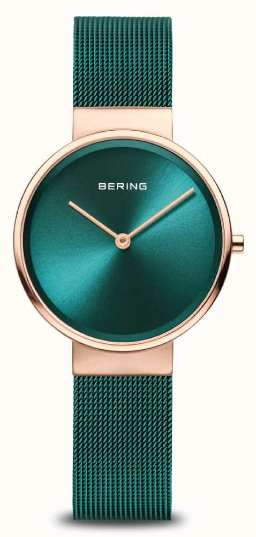 Women'S Bering | Bering Classic | Green Sunray Dial | Green Milanese Strap | Brushed Rose Gold Stainless Steel Case