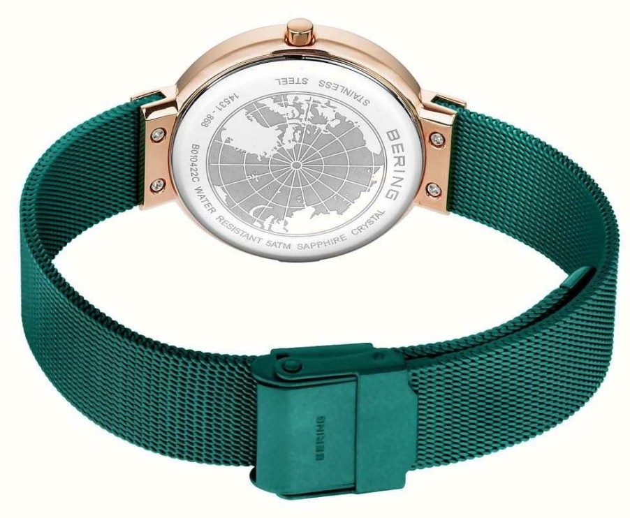 Women'S Bering | Bering Classic | Green Sunray Dial | Green Milanese Strap | Brushed Rose Gold Stainless Steel Case