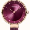 Women'S Bering | Bering Solar | Purple Sunray Dial | Purple Milanese Strap | Brushed Rose Gold Stainless Steel Case