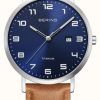 Men'S Bering | Bering Titanium | Blue Sunray Dial With Date Window | Brown Leather Strap | Brushed Titanium Case