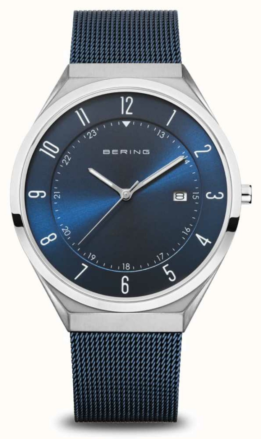 Men'S Bering | Bering Ultra Slim | Blue Sunray Dial With Date Window | Blue Milanese Strap | Polished / Brushed Stainless Steel Case