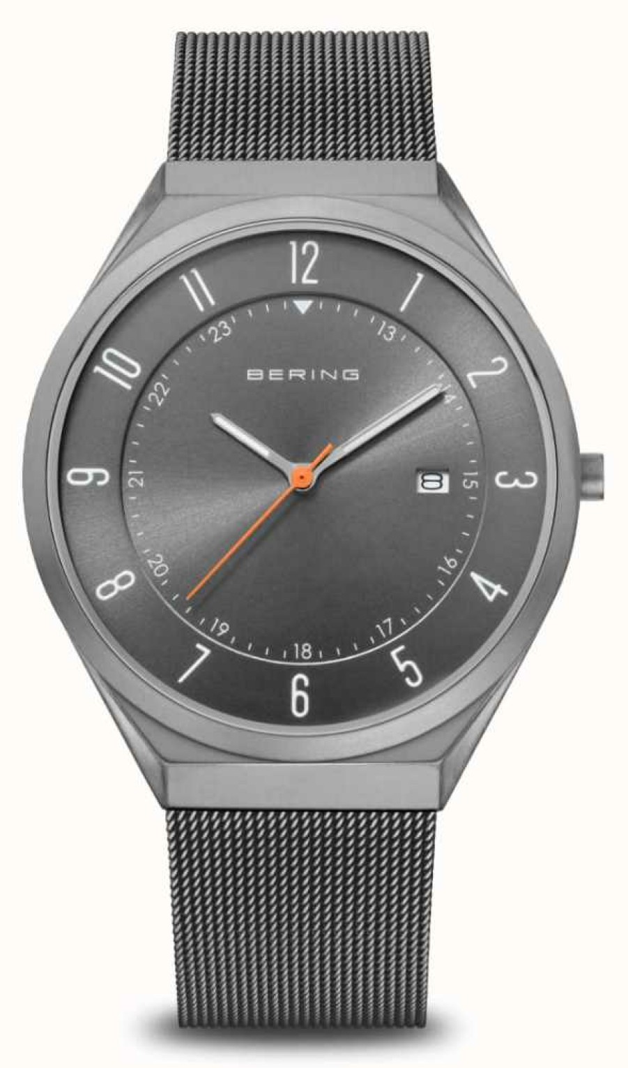 Men'S Bering | Bering Ultra Slim | Grey Sunray Dial With Date Window | Grey Milanese Strap | Polished / Brushed Grey Stainless Steel Case