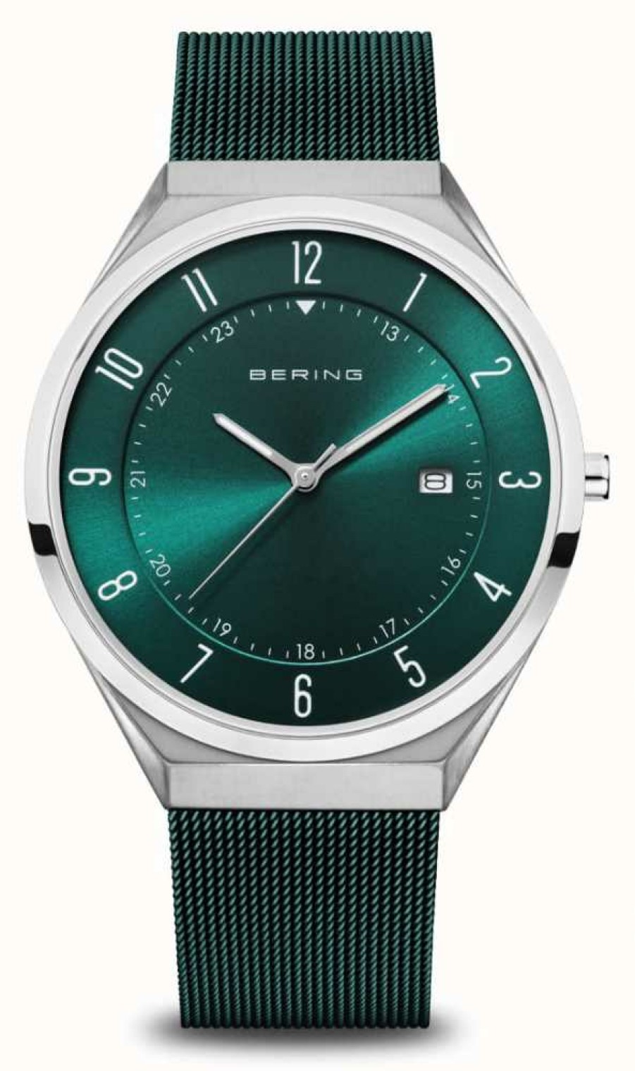 Men'S Bering | Bering Ultra Slim | Green Sunray Dial With Date Window | Green Milanese Strap | Polished / Brushed Stainless Steel Case