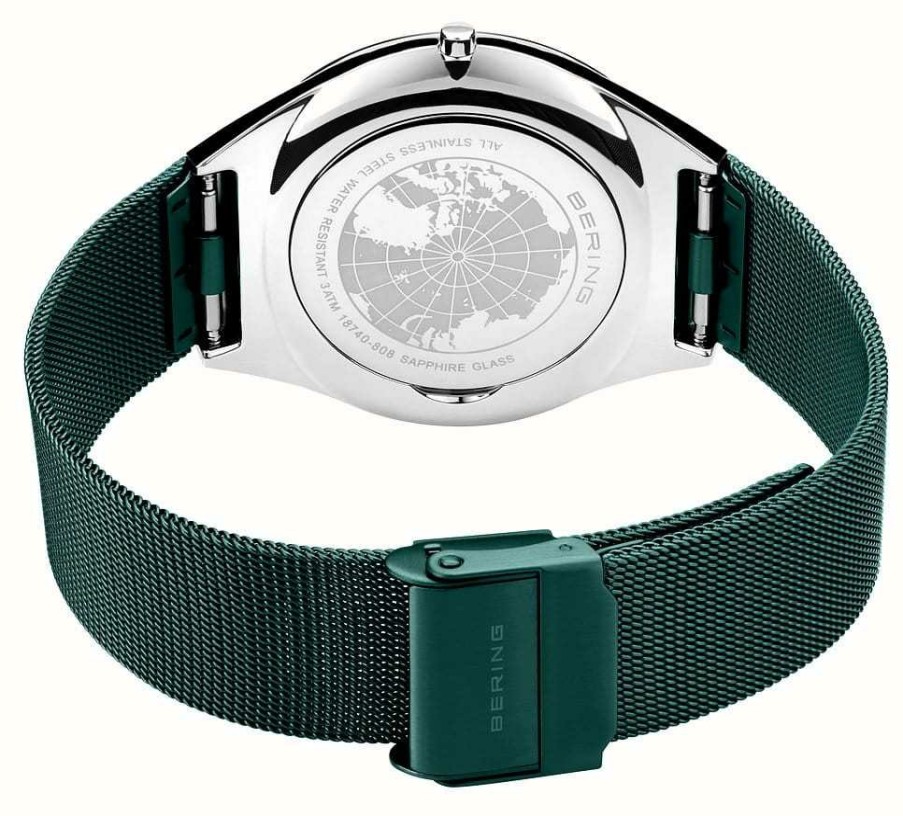 Men'S Bering | Bering Ultra Slim | Green Sunray Dial With Date Window | Green Milanese Strap | Polished / Brushed Stainless Steel Case